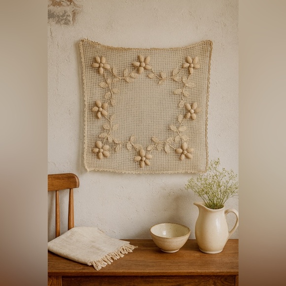 Handmade Vintage Other - French Vintage 3D Handmade Crochet Floral Beige Tablecloth Cottagecore Decor